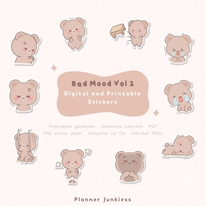 Puede incluir: Un conjunto de pegatinas digitales e imprimibles con osos de dibujos animados que expresan diferentes emociones negativas. Las pegatinas son en tonos marrones y beige, con expresiones que van desde la ira hasta la tristeza. El texto "Bad Mood Vol 2" está presente.