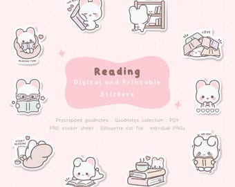 Cute Reading Digital Planner Stickers | Kawaii Reading Printable Stickers | Cute Book Digital Stickers | Cute Goodnotes | Cute Bunny Reading