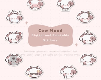 Cute Cow Mood Digital Planner Stickers | Cow Emotes Printable Stickers | Cute Emotion Digital Stickers | Kawaii Goodnotes Stickers