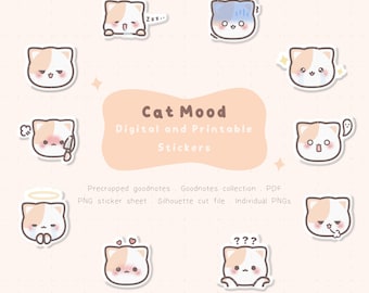 Cute Cat Mood Digital Planner Stickers | Cat Mood Printable Stickers | Cute Emotion Digital Stickers | Kawaii Goodnotes Stickers
