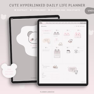 May include: A digital planner on a computer screen with a panda bear design. The planner is labeled "January" and includes a calendar, to-do lists, and other organizational features. The planner is designed to be used for daily life planning.
