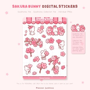 May include: Digital stickers with a Sakura Bunny theme. The stickers feature illustrations of bunnies, cherry blossoms, and branches in shades of pink and white. The image text reads "Sakura Bunny Digital Stickers" and "Planner Junkies".