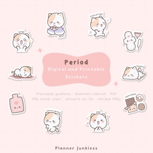 May include: A set of digital and printable stickers on a pink backdrop. The stickers depict adorable cat characters with labels such as "Acne", "Rest", "Ovulating", "Cramps", "Mood Swings", and "End". The word "Period" is also displayed.