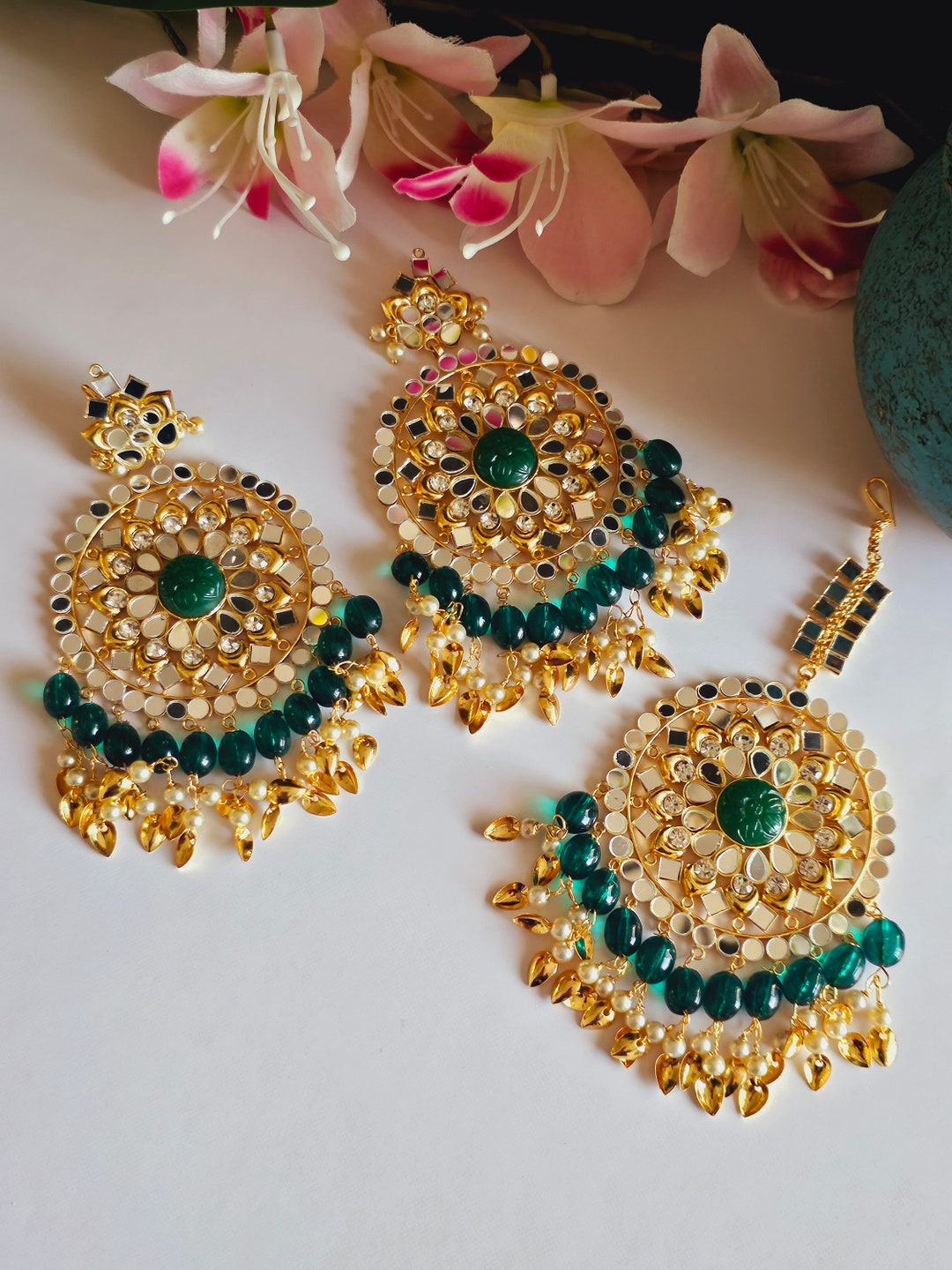 Shipra Oversized Mirror  Earrings Tikka