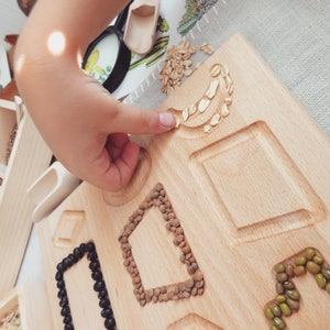May include: A wooden tray with various shapes cut out, filled with different types of beans and grains. A child's hand is shown filling one of the shapes with oats.