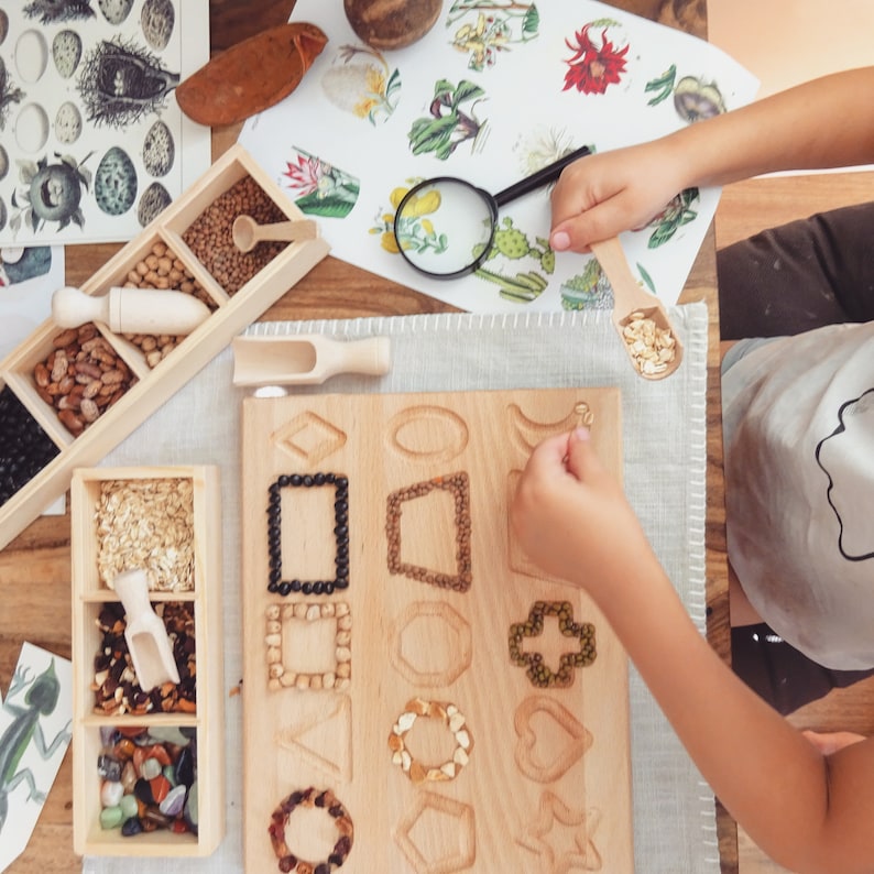 May include: A wooden board with various shapes cut out, filled with different types of seeds and beans. A child's hand is placing more seeds into the shapes. There are several small wooden boxes with different types of seeds and beans, a magnifying glass, and a wooden spoon.