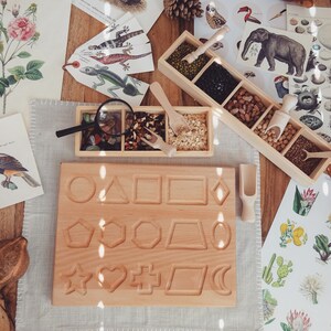 May include: A wooden tray with various shapes carved into it, including a circle, triangle, square, diamond, pentagon, hexagon, trapezoid, oval, star, heart, cross, parallelogram, and crescent moon. The tray is surrounded by other Montessori learning materials, including a wooden box with compartments filled with different types of beans and grains, a magnifying glass, and various botanical illustrations.