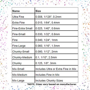 Puede incluir: Una tabla que muestra los diferentes tama&ntilde;os de purpurina disponibles, incluyendo Ultra Fine, Extra Fine, Fine-Extra Small, Fine-Small, Fine, Fine-Large, Chunky-Small, Chunky-Medium, Chunky, Mix-Small, Mix-Medium y Mix-Large. La tabla tambi&eacute;n incluye el tama&ntilde;o en mil&iacute;metros y fracciones de pulgada. *NOTA: Los tama&ntilde;os pueden variar seg&uacute;n el fabricante.