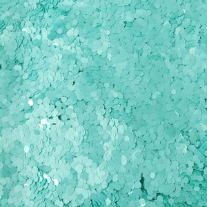 May include: A close-up of a teal green glitter, made up of small, hexagonal-shaped sequins.