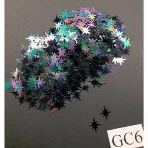 Puede incluir: Un mont&oacute;n de purpurina negra en forma de estrella iridiscente. La purpurina est&aacute; esparcida sobre una superficie gris. El texto "GC6" est&aacute; escrito en una etiqueta blanca en la esquina inferior derecha de la imagen.