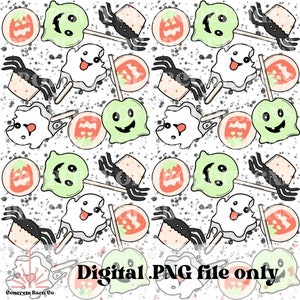 May include: A seamless pattern featuring a variety of Halloween-themed treats, including ghosts, green apples, and jack-o'-lanterns. The background is white with black splatters.
