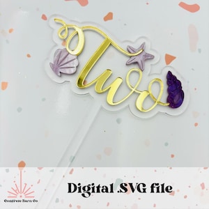 May include: Gold glitter "two" cake topper with purple and pink seashells and a starfish. Digital SVG file.