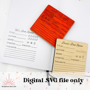 May include: A book review stamp and a wooden book review stamp are displayed on a white dotted paper. The red stamp has the text "Taur's Book Review" and the wooden stamp has the text "Bonnie's Book Review". The text "Digital .SVG file only" is also visible.