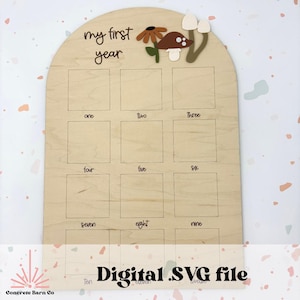 Tablero de fotos del primer año con hongos, archivo digital SVG - recuerdo de utilería fotográfica - decoración de fiesta de cumpleaños en el bosque
