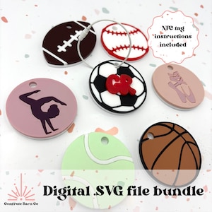 Sporttasche Anhänger Bundle-SVG digitale Datei-Fußball, Basketball, Baseball, Ballett, Gymnastik, Tennis, Football-Rucksack-Anhänger-NFC-fähig-Schlüsselanhänger