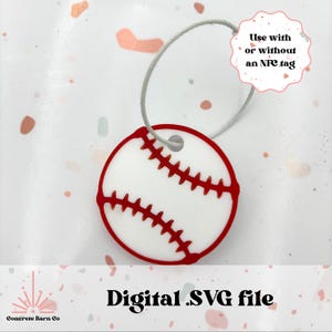 May include: White baseball with red stitching, attached to a silver cord. The baseball has a hole in the top for attaching an NFC tag. The text "Use with or without an NFC tag" is written in a white circle on a pink background.