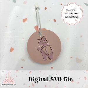 May include: A pink round tag with a pink ballet shoe design. The tag has a hole at the top for a string or ribbon. The text "Use with or without an NFC tag" is written in a white circle on a pink background.