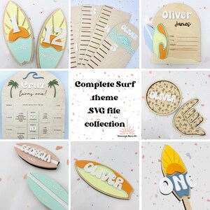 Paquete de guardería de surf: archivos digitales SVG, decoración, anuncio de nacimiento, hitos, gráfico de crecimiento, decoración de pared, imán, letrero con nombre