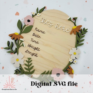 Faire-part de naissance floral fleurs sauvages - souvenir accessoire photo - fichier numérique SVG