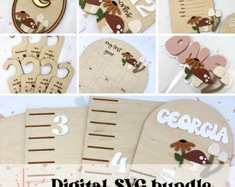 Woodland mushroom nursery keepsake bundle - SVG digital files - milestones - birth announcement photo prop - nursery sign - growth chart