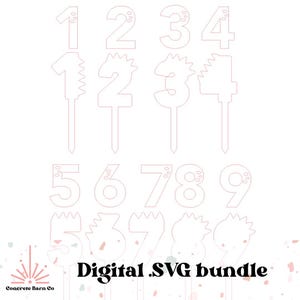 K&ouml;nnte beinhalten: Ein digitales SVG-Paket mit zehn Zahlen von 1 bis 10, in wei&szlig;er Umrandung mit rosa Innenbereich. Die Zahlen sind f&uuml;r die Verwendung als Tortendekor oder andere Bastelprojekte gedacht. Der Text "Digital .SVG bundle" befindet sich am unteren Rand des Bildes.