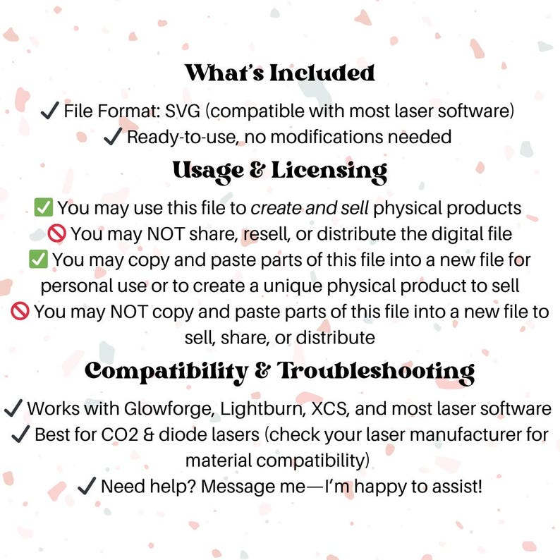 K&ouml;nnte beinhalten: Eine Checkliste mit Informationen zu einem SVG-Dateiformat, einschlie&szlig;lich Dateikompatibilit&auml;t, Verwendung, Lizenzierung und Tipps zur Fehlerbehebung. Der Text enth&auml;lt die W&ouml;rter "What's Included", "Usage & Licensing" und "Compatibility & Troubleshooting".