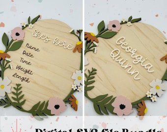 BUNDLE - Wildflower floral nursery name sign AND birth stats sign - SVG digital file