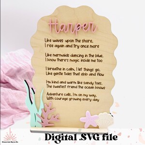 May include: Wooden sign with the name "Harper" in pink script. The sign features a poem about mermaids and the ocean, with decorative coral, a starfish, and a seashell. The words "Digital .SVG file" are at the bottom.