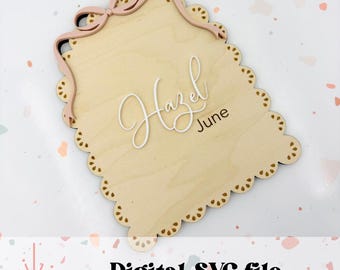 Letrero con nombre para guardería con lazo de acrílico - Archivo digital SVG - Accesorio fotográfico de recuerdo - Anuncio de nombre - Accesorio fotográfico para recién nacidos