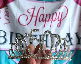 Silver 50th lotus Birthday Crystal Tiara Crown, 50th Birthday Decorations,Birthday Headband, Birthday Party Props, Birthday Birthday Gift.