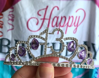 Silver 13th lotus Birthday Crystal Tiara Crown,13th Birthday Decorations,Birthday Headband, Birthday Party Props, Birthday Crown Gift.