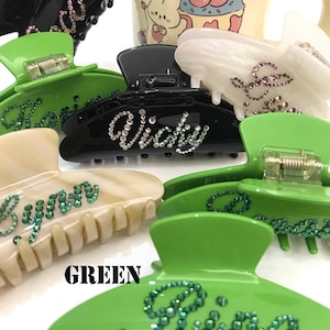 Clips de garra de pelo con nombre de diamantes de imitación personalizados GREEN