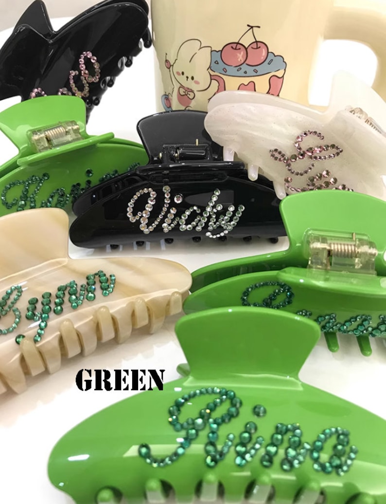 Benutzerdefinierte Strass Name Haarkralle Clips GREEN