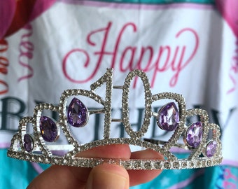 Corona de tiara de cristal de cumpleaños de loto 10 de plata, decoraciones de cumpleaños número 10, diadema de cumpleaños, accesorios para fiestas de cumpleaños, regalo de corona de cumpleaños.