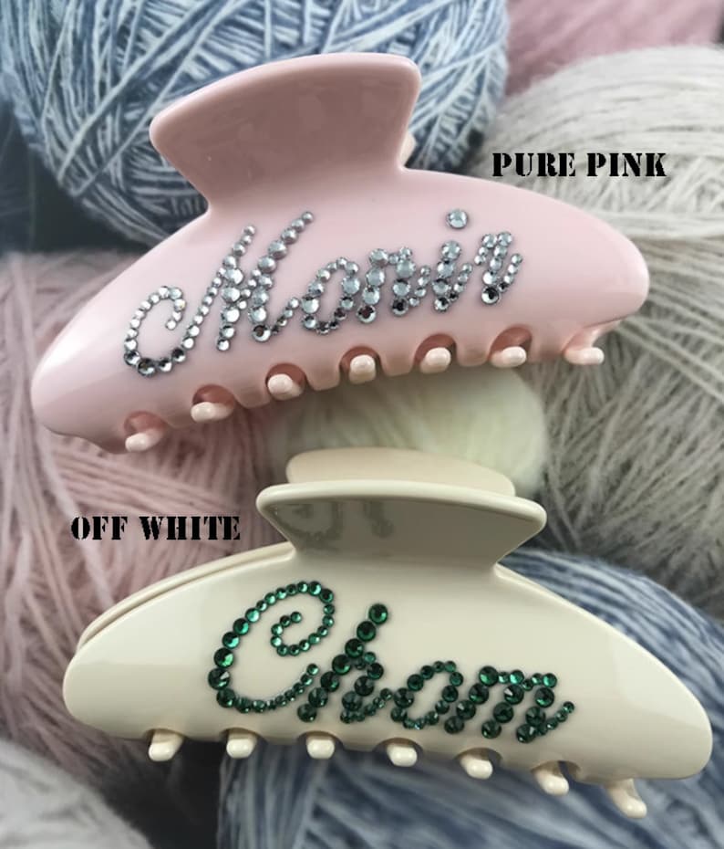 Clips de garra de pelo con nombre de diamantes de imitación personalizados OFF WHITE