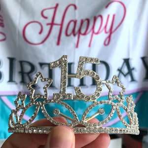 Silver 15th Star Birthday Crystal Tiara Crown,15th Birthday Decorations,Birthday Headband, Birthday Party Props, Birthday Crown Gift.