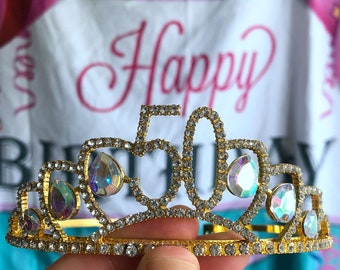 Gold 50th lotus Birthday Crystal Tiara Crown,50th Birthday Decorations,Birthday Headband, Birthday Party Props, Birthday Crown Gift.