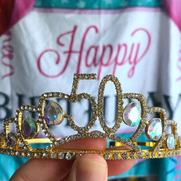 Gold 50th lotus Birthday Crystal Tiara Crown,50th Birthday Decorations,Birthday Headband, Birthday Party Props, Birthday Crown Gift.