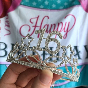 Silver 16th Star Birthday Crystal Tiara Crown, 16th Birthday Decorations,Birthday Headband, Birthday Party Props, Birthday Crown Gift.