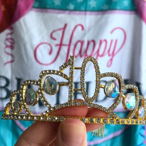 Gold 10th lotus Birthday Crystal Tiara Crown,10th Birthday Decorations,Birthday Headband, Birthday Party Props, Birthday Crown Gift.