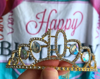 Corona de tiara de cristal de cumpleaños de loto 10 de oro, decoraciones de cumpleaños número 10, diadema de cumpleaños, accesorios para fiestas de cumpleaños, regalo de corona de cumpleaños.