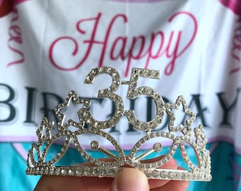 Corona de tiara de cristal de cumpleaños de 35 estrellas de plata, decoraciones de cumpleaños número 35, diadema de cumpleaños, accesorios para fiestas de cumpleaños, regalo de corona de cumpleaños.