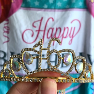 Gold 16th lotus Birthday Crystal Tiara Crown,16th Birthday Decorations,Birthday Headband, Birthday Party Props, Birthday Crown Gift.