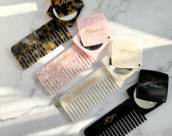 Personalized Comb and Mirror Set, Custom Name Pocket Mirror, Engraved Hair Comb, Bridesmaid Gift, Travel Compact Mirror Gift for Her