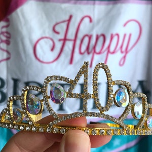 Gold 40th lotus Birthday Crystal Tiara Crown,40th Birthday Decorations,Birthday Headband, Birthday Party Props, Birthday Crown Gift.