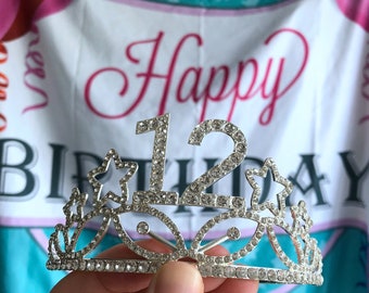 Corona de tiara de cristal de cumpleaños de 12 estrellas de plata, decoraciones de cumpleaños número 12, diadema de cumpleaños, accesorios para fiestas de cumpleaños, regalo de corona de cumpleaños.