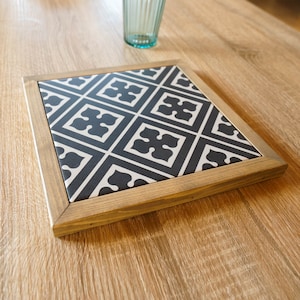 Vintage Black and White Wood and Tile Trivet with Decorative Geometric Patterns