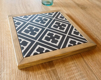 Trivet Wood and vintage tiles Black and White decorative geometric patterns