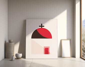 Kykladenkapelle, Kunstdruck, minimalistisches mediterranes Wandbild, griechisch Boho Dekor [DIGITAL DOWNLOAD]