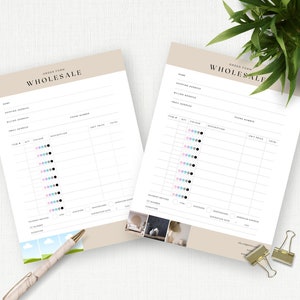 May include: Two blank order forms for wholesale orders. The forms have fields for name, shipping address, billing address, phone number, item number, quantity, color, description, unit price, and total. The forms also have a section for payment method and shipping information.